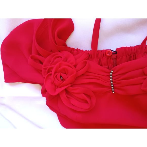 Tim's Paris 90s Red Formal Sheer Holiday Party Rhinestones Flowers Dress Small - Picture 2 of 11